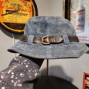 Coach Blue Suede Crusher Hat with Brown Leather Band